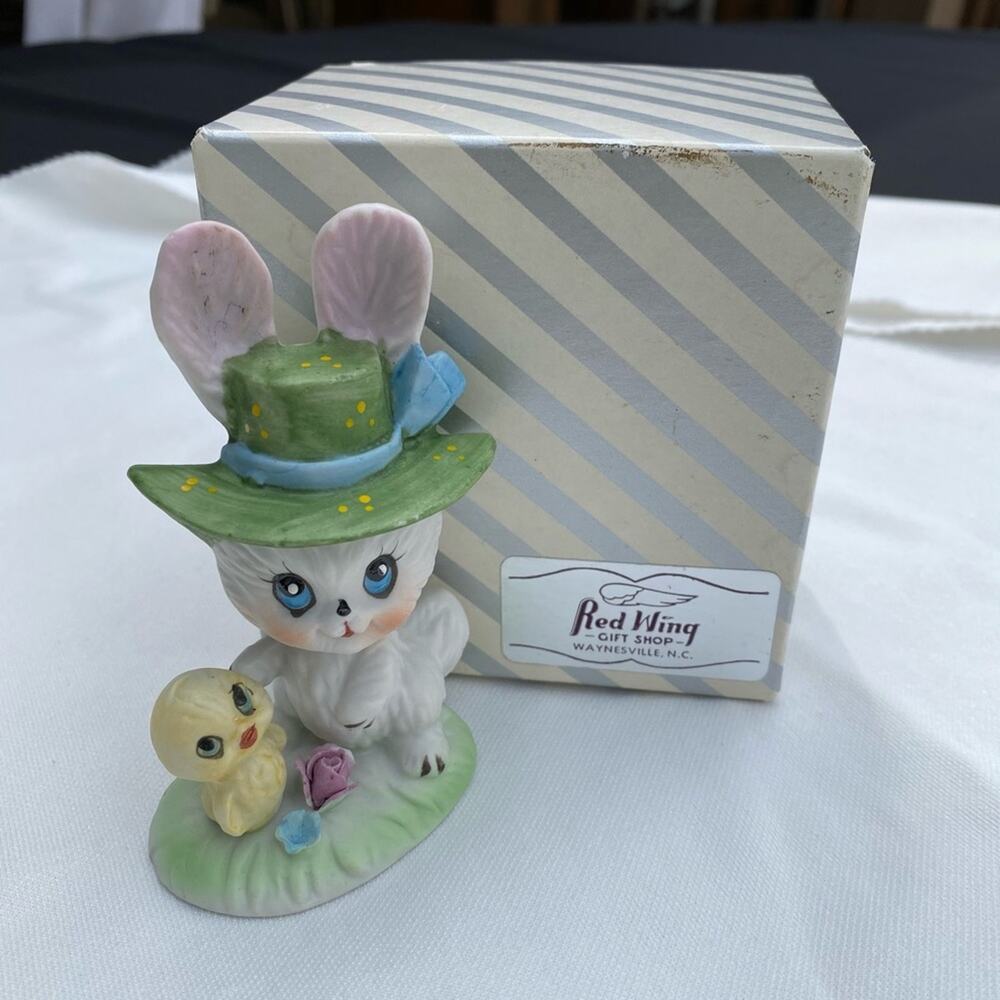 Cute Bunny &‎ Chick White Bisque Easter Figurine